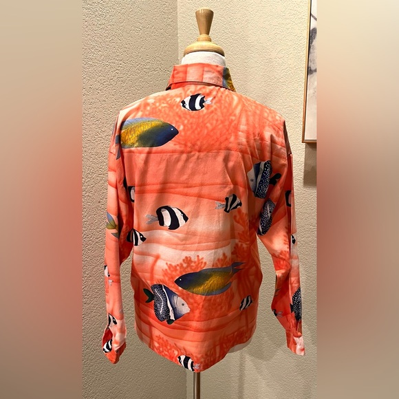 VTG Gottex Hawaiian Tropical Fish Long Sleeve Shirt Blouse Coral S - Picture 4 of 6